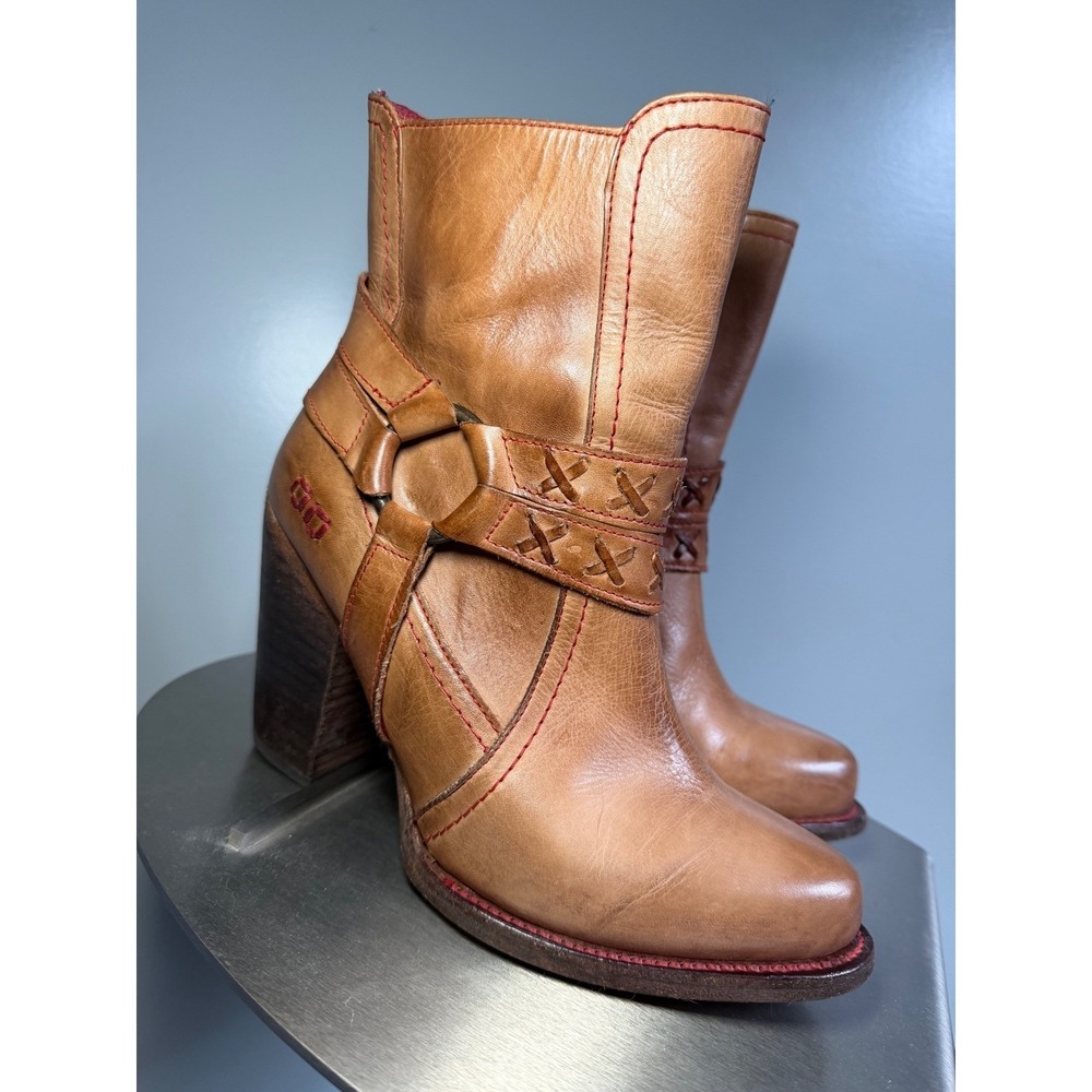 Bed Stu Marjorie Tan Leather Red Stitch Harness Ankle Boots Womens 7
